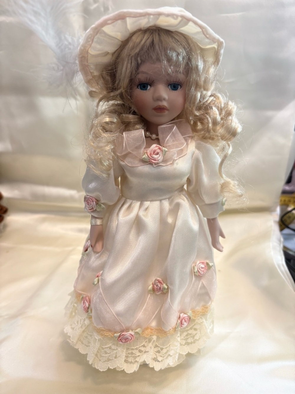 Porcelain Fashion Doll in Cream Dress with Pink Rose Accents